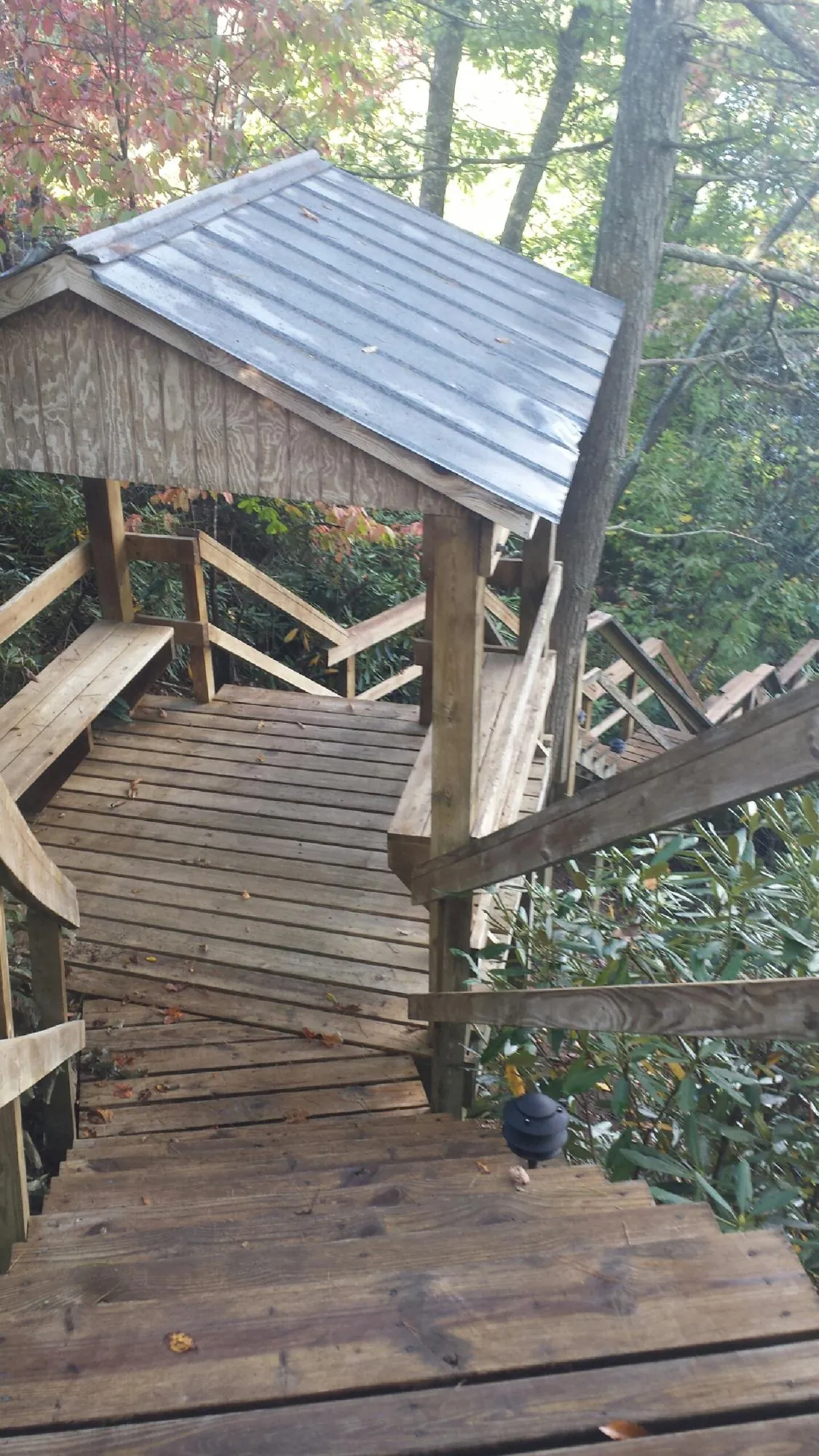 Metal roofed shelter over wooden steps on a wooded walkway — Skylight Repair & Installation work by our crew in Ouray